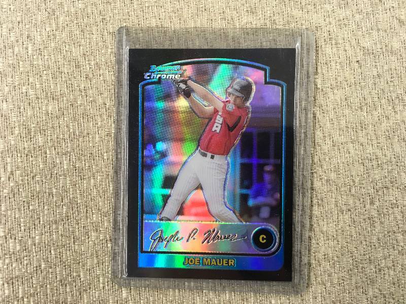 lot 558 image: Joe Mauer Bowman Chrome Refractor Rookie Card (2003)