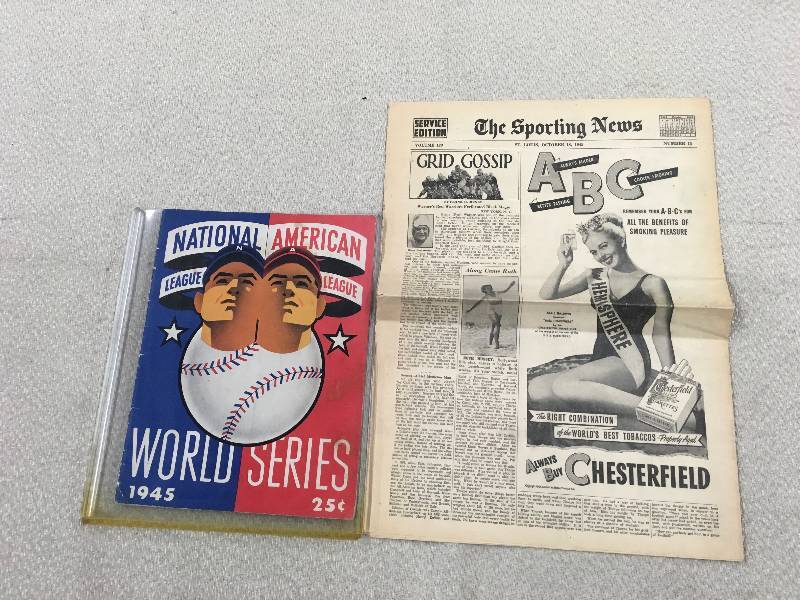 lot 570 image: 1945 World Series Program Plus Military Issue Sporting News From October 18, 1945