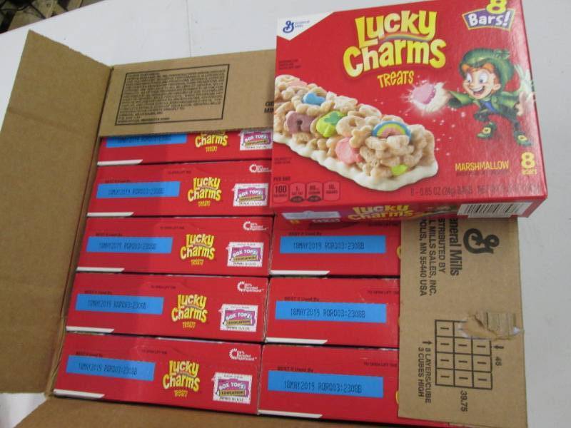 lot 283 image: 12 boxes of Lucky Charms bars...