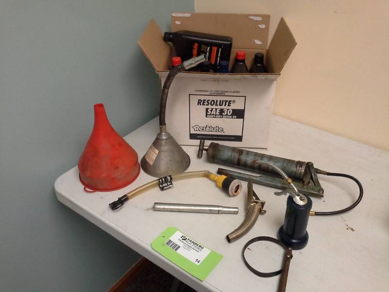 lot 14 image: Automotive Lubricant Service Tools - Grease Gun, Oil Fill Funnels, Oil Can Spout, Oiler Can, Oil Filter Wrench, Havoline 5W-30 Motor Oil, Valvoline ATF