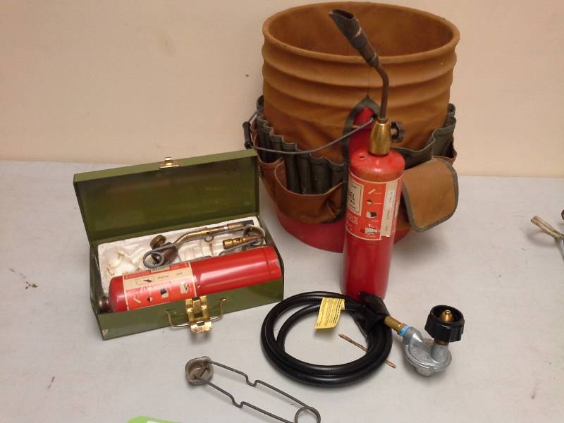 lot 15 image: Tool Belt Bucket, Propane Torch, Propane Jet Torch Kit with Metal Case, Propane Valve Line, Propane Spark