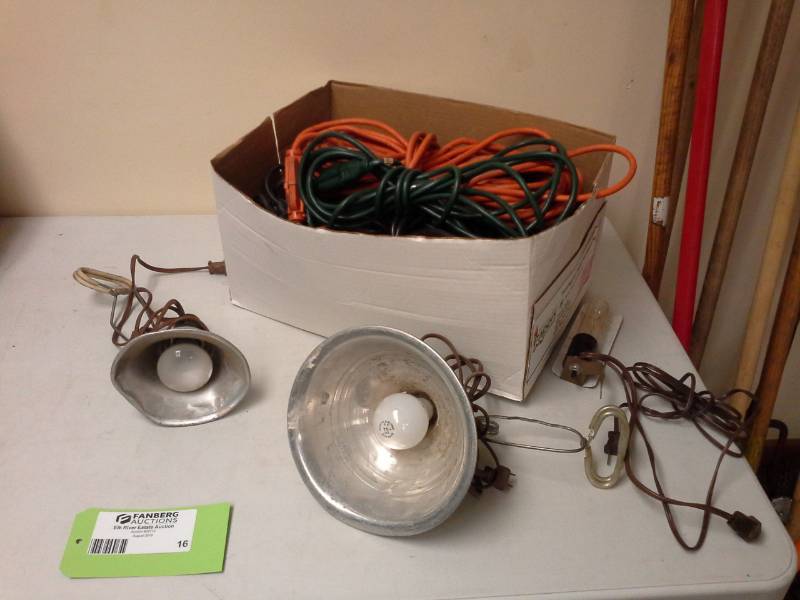 lot 16 image: Two Shop Lamps, Box of Extension Cords, Light Fixture