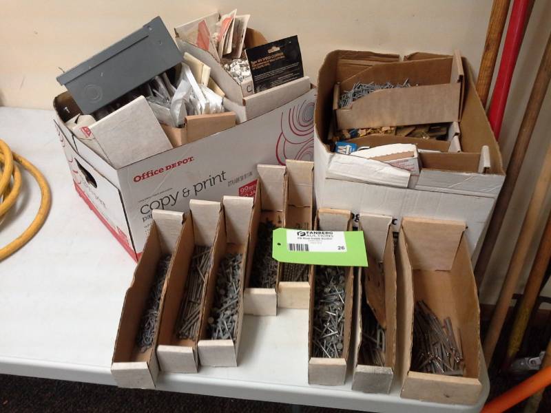 lot 26 image: Nails, Screws, Eye Hooks, S-Hooks, Door Hinges, Trine Push Button Door Bell, Electric Face Plates, Wire Brackets, Misc. Hardware