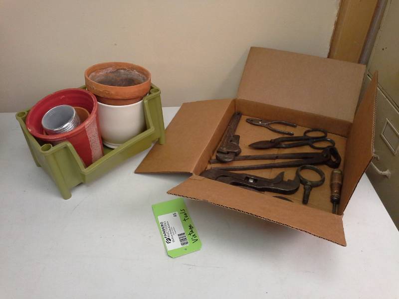 lot 45 image: Vintage Hand Tools - Tongs, Pipe Wrench, Adjustable Wrench, Pliers, Snips, And More