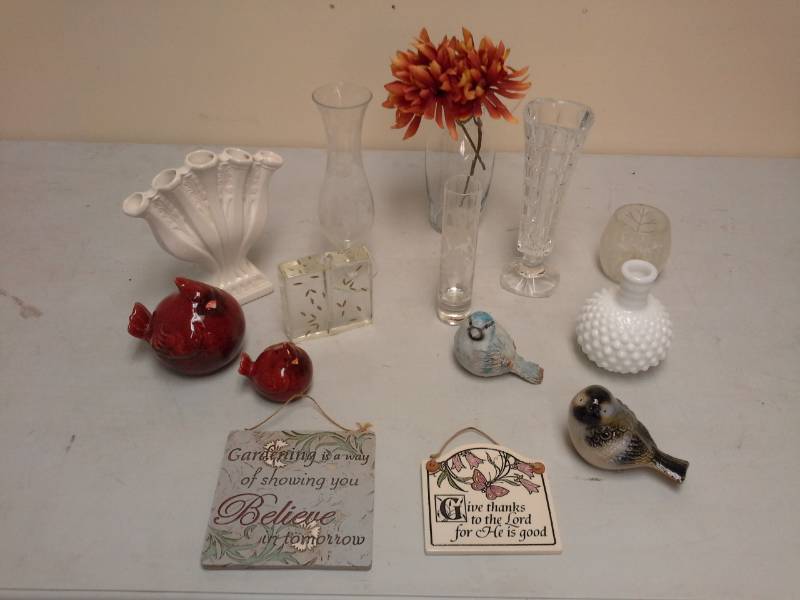 lot 47 image: Porcelain Candleholder, Glass Table Vases, Ceramic Bird Table Dcor, GardeningReligious Wall Art