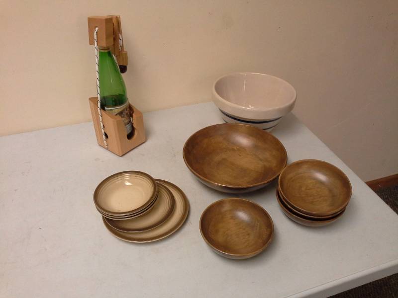 lot 48 image: Wood Serving Bowls, Porcelain Serving Bowl, Wood Wine Bottle Corkscrew, Ceramic Plates