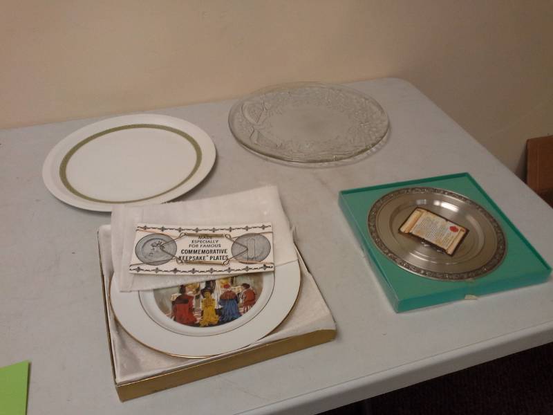 lot 58 image: Clear Glass Serving Tray, Ceramic Serving Plate, Pewter plate with praying hands, Church Service Ceramic Decorative Plate, Plate Hangar