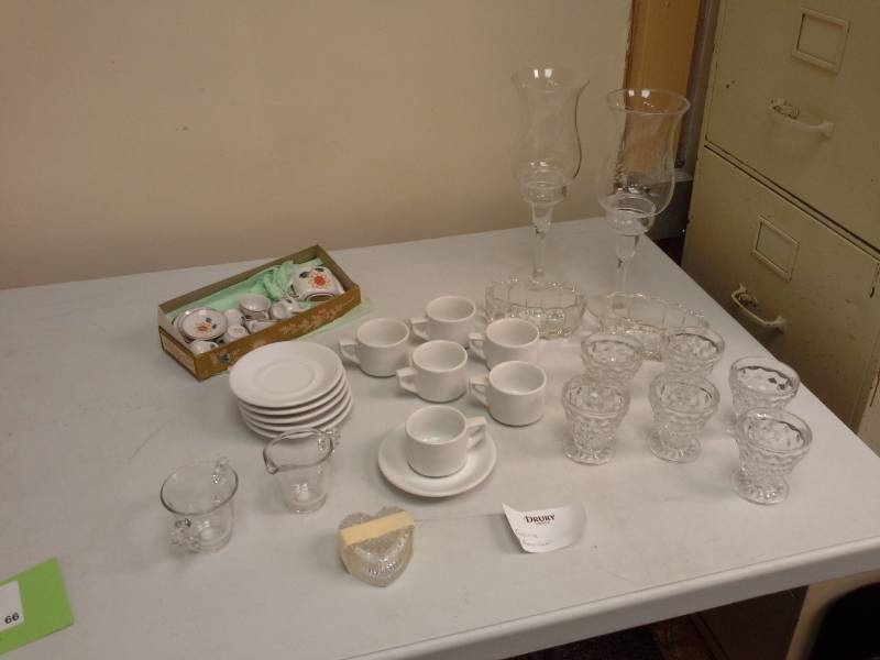 lot 66 image: Princess House crystal hurricane lamps Clear Glass 13-Piece Tea Set, White Ceramic 12-Piece Tea Set, Porcelain Mini Tea Set, Fostoria American Parchment