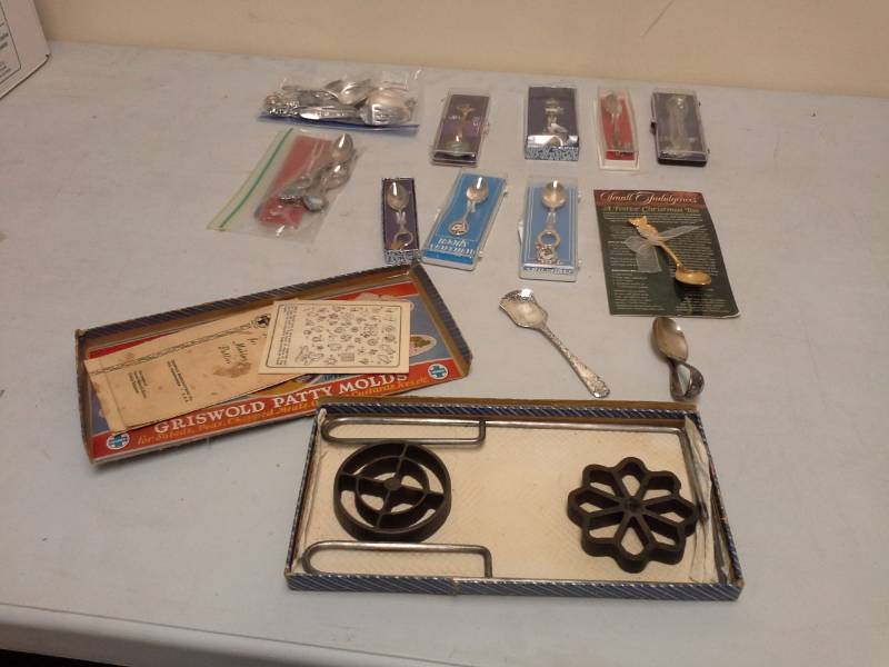 lot 68 image: Collectible Silver Spoons, Griswold Patty Molds