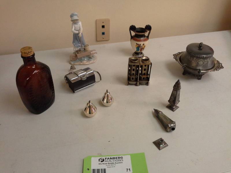 lot 71 image: Table Dcor - Brown Bottle, Metal Toppers, Metal Bowl with Lid, Metal Toothpick Holders, Ceramic Decorative Vase, Ceramic Girl Figurine