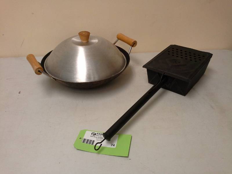 lot 74 image: Antique Popcorn Popper, Wok with lid and ring base, Cast Iron Sandwich Press, Cake Ring