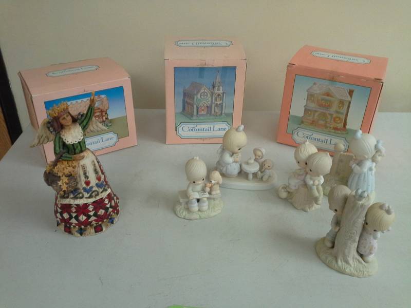 lot 75 image: Cottontail Lane Ceramic House Table Dcor, Precious Moments Ceramic Figurines, Heartwood Creek Angel Table Dcor