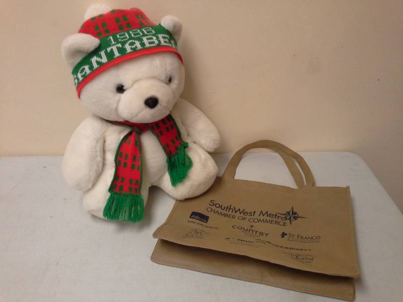 lot 128 image: Stuffed Santa Bear with SouthWest Metro Chamber of Commerce Tote Bag Table Dcor