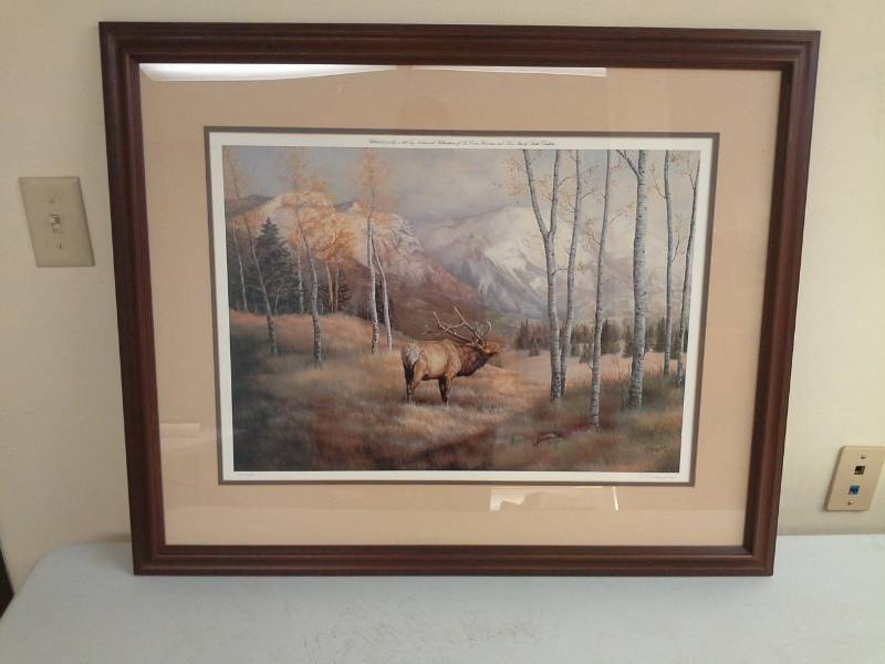 lot 184 image: Mountains and Bull Elk by LM Nass Signed Framed Matted Print