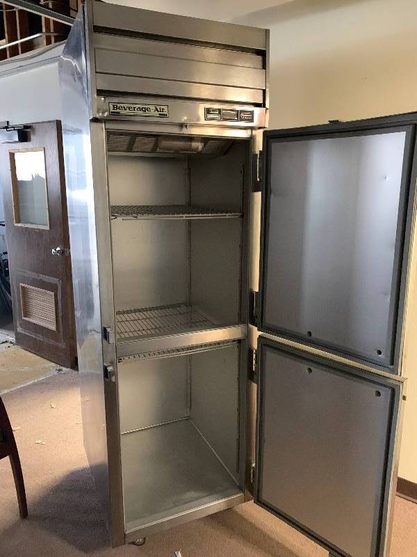 lot 12 image: Beverage Air, Mod #PR24-1AhS, Split Door Commercial Refrigerator, caster mounted, 115 volts, 10.6 amps, 26x32x84.5HRuns Cools
