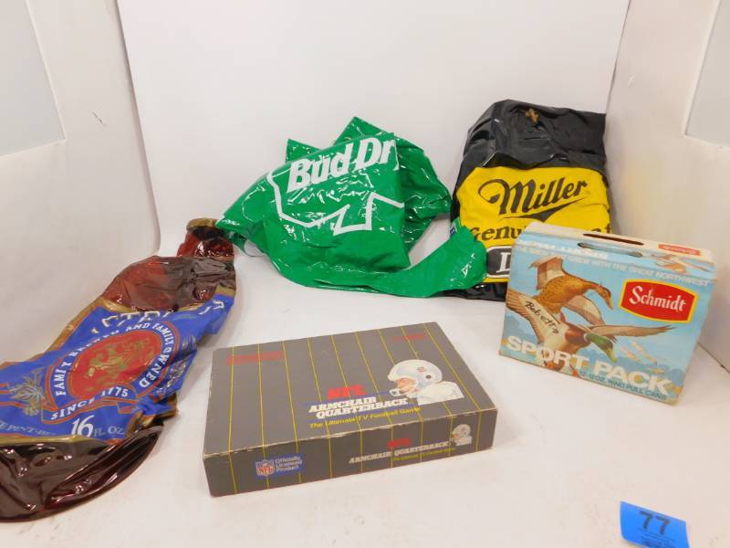 lot 77 image: 3 Beer Inflatables,  TV Football Game, 4 Vintage Schmidt Cans With 12 Pack Case