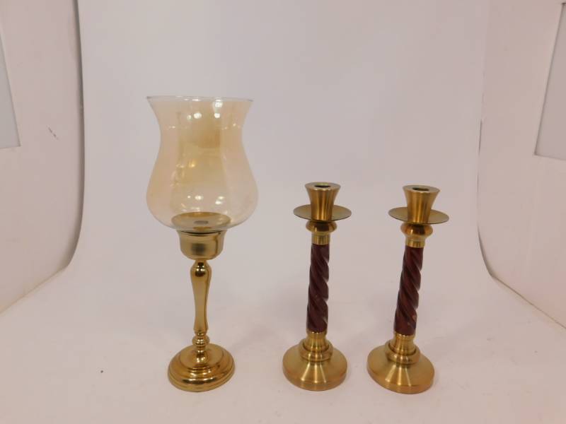 lot 10 image: 3 Brass Candle Stick Holders