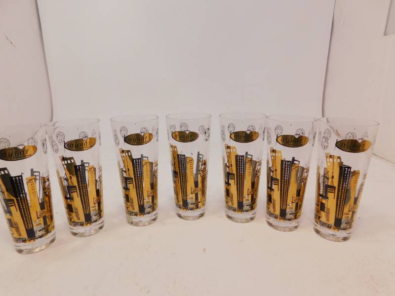 lot 68 image: MCM Kaynar Diamonds 12 oz Wraparound Black & Gold Glasses 12 oz Cityscape Set 7
