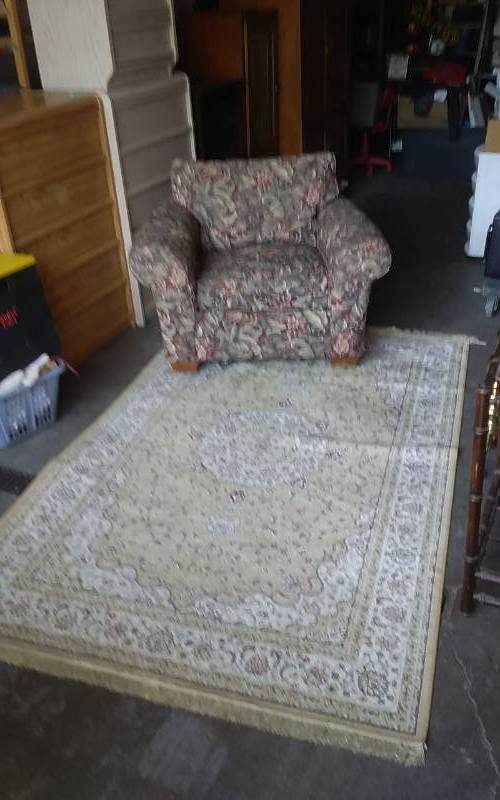 lot 11 image: Rug Made In Belgium 54x72 & Upholstered Chair