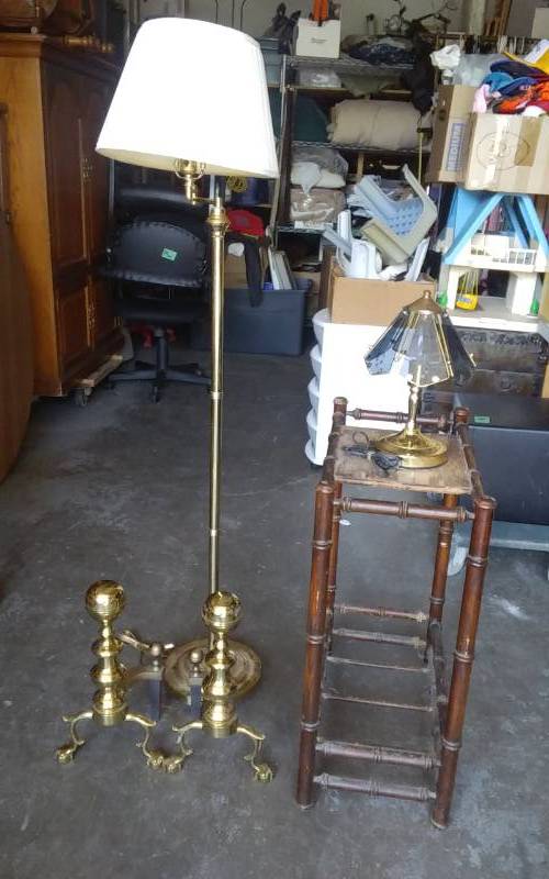 lot 18 image: Pair Brass Andirons, Wooden Stand 23x12x29, Brass Finish Floor Lamp & Small Touch Lamp