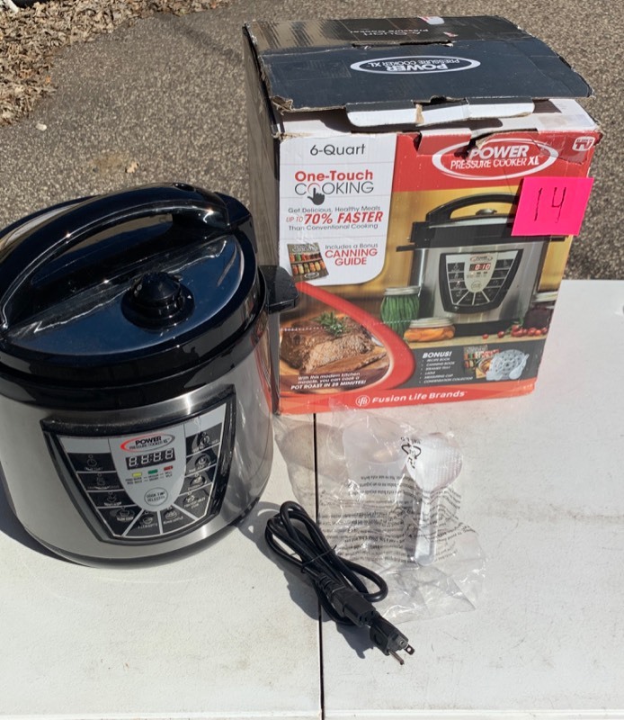 lot 14 image: Power Pressure Cooker XL 6-Quart One-Touch Cooking w Ladle & Measuring Cup