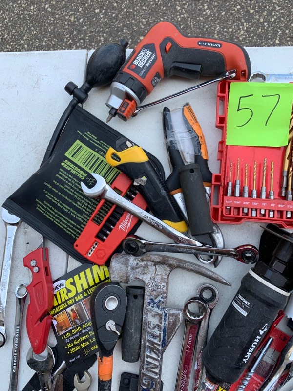 lot 57 image: Lot of Hand Tools- Wrenches, Ratchets, Cutters, Screwdrivers, Drill Bits
