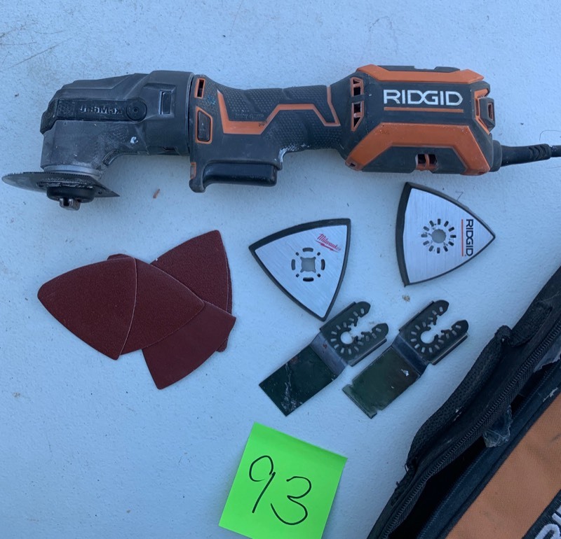lot 93 image: Salvage Lot- Ridgid R2851-Series B Jobmax Multi-tool w Attachments- Cord is cut does not work, for parts