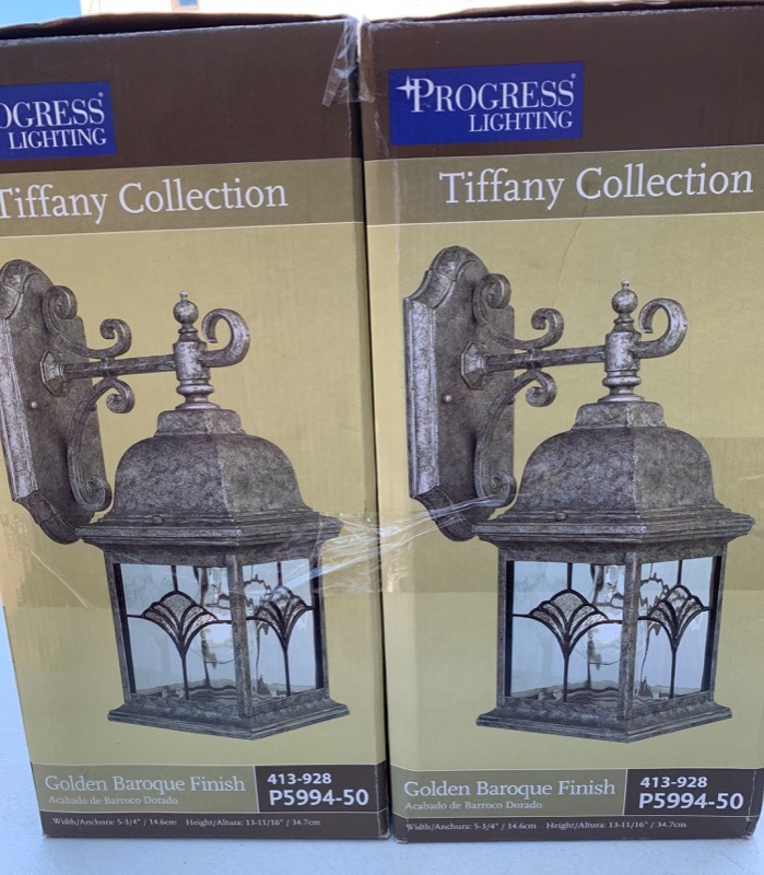 lot 39 image: Progress Lighting Tiffany Collection Outdoor Wall Lanterns w Golden Baroque Finish