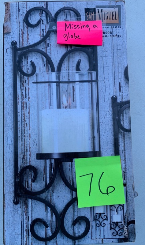 lot 76 image: San Miguel Wall Sconce pair- 1 is Missing a globe