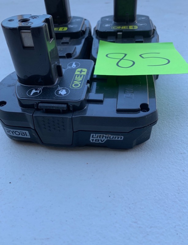 lot 85 image: Salvage Lot of 3- Ryobi 18V Lithium Battery Packs- Defective