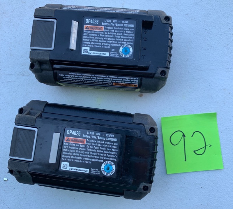 lot 92 image: Salvage Lot- Ryobi 40V Lithium Battery Packs OP4026, Defective