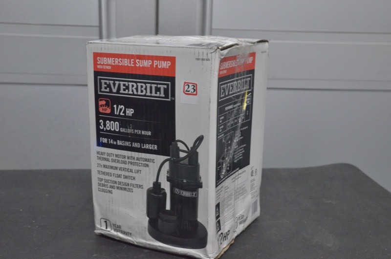 lot 23 image: Pre-owned Everbilt 12 HP Submersible Sump Pump with Tether