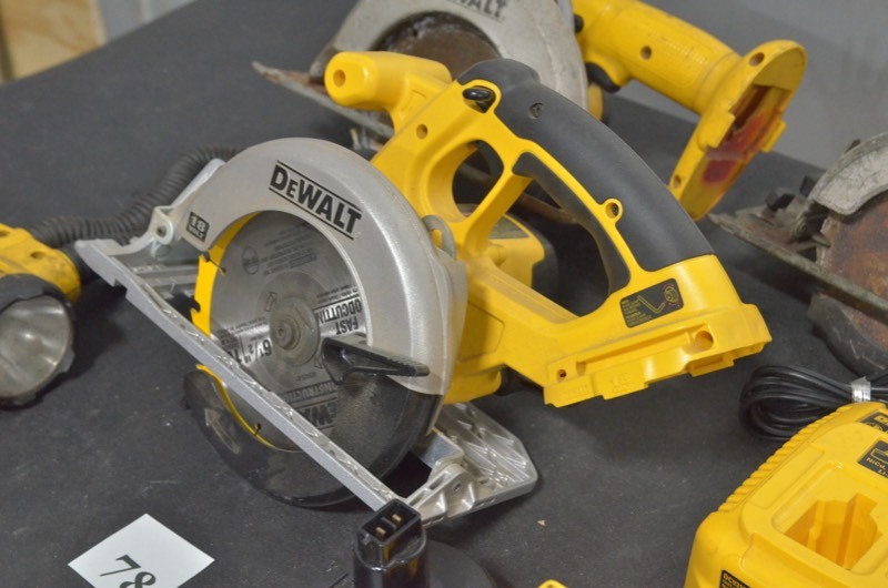 lot 78 image: Lot of Dewalt 18V Tools and batteries. 2 Chargers. 3 circular saws.