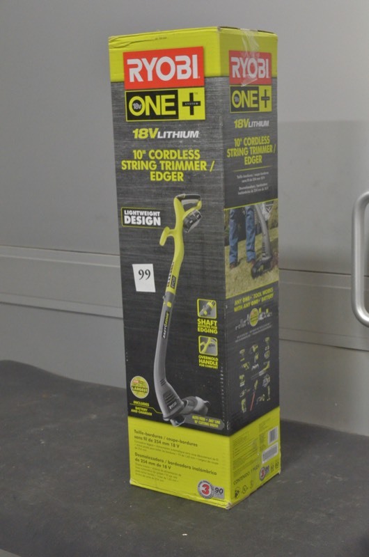 lot 99 image: Ryobi ONE 18-Volt Lithium-Ion Electric Cordless String Trimmer and Edger obi ONE 18-Volt Lithium-Ion Electric Cordless String Trimmer and Edger (Tool Only - No Battery or Charger. Bare Tool)