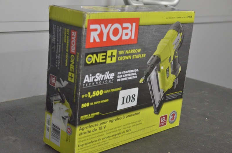 lot 108 image: Ryobi 18-Volt ONE Lithium-Ion AirStrike 18-Gauge Cordless Narrow Crown Stapler with Sample Staples (Tool Only)