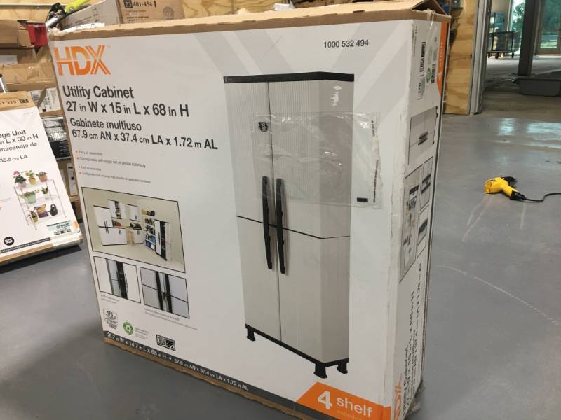 lot 134 image: HDX 27 in. W 4 Shelf Plastic Multi-Purpose Cabinet in Gray