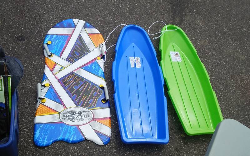 lot 14 image: 1-Flexible Flyer, 2-Plastic Sleds