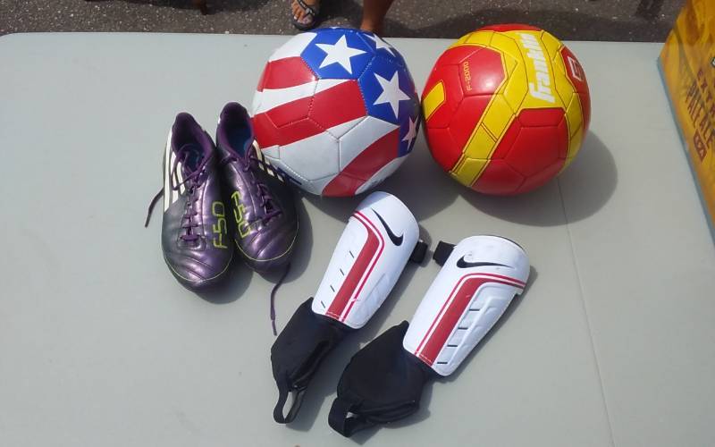 lot 23 image: 2-Soccer Balls, Adidas Cleats Size 4-12, Shin Guards