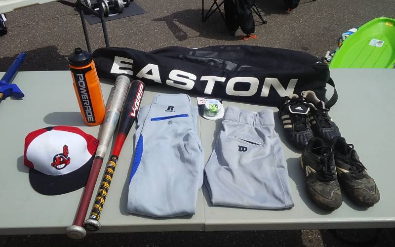 lot 26 image: Easton Bat Bag, 2-Pair Baseball Pants (Youth M), 2-Pair Cleats, 2-Bats, Grip Tape, Water Bottle, Cap