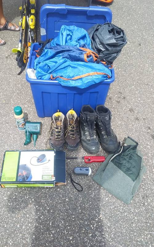 lot 28 image: Lot Of Camping Supplies Hiking Boots, Air Pump, Eddie Bauer Jacket, Tub With Tent & Rain Fly (no poles)