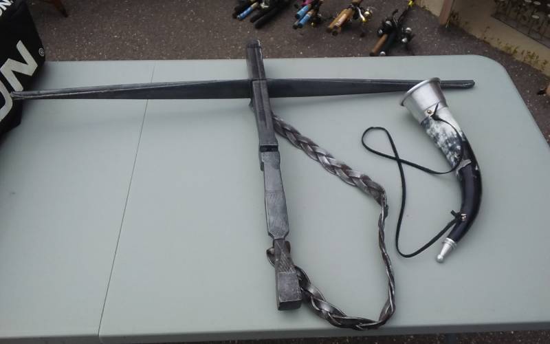 lot 33 image: Hand Made Cross Bow Prop, Horn With Leather Strap (For Drinks )