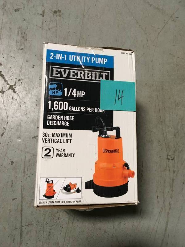 lot 14 image: Everbilt 14 HP 2-in-1 Utility Pump in very good condition