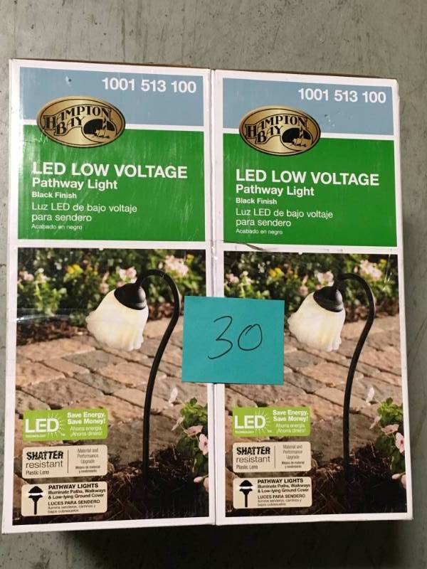 lot 30 image: Hampton Bay Low-Voltage Black Outdoor Integrated LED Black Landscape Path Light with White Tulip Shade not used