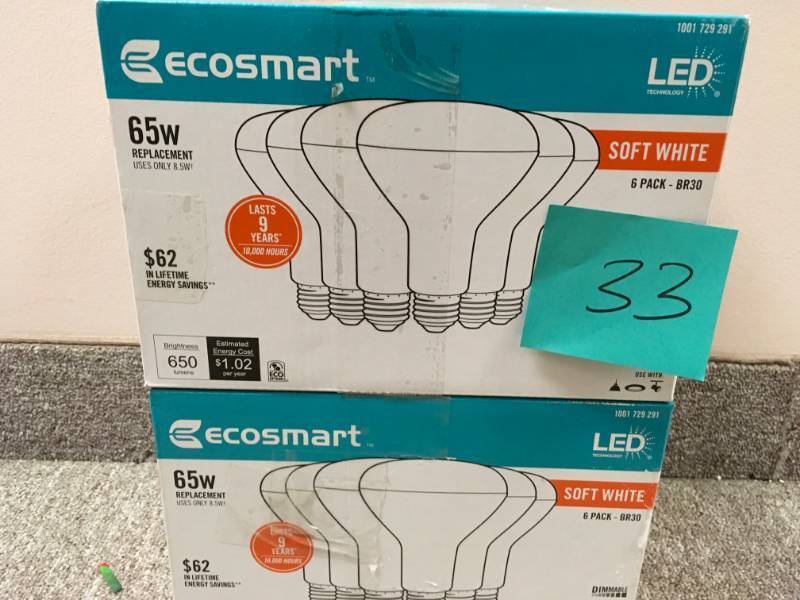 lot 33 image: EcoSmart 65-Watt Equivalent BR30 Dimmable LED Light Bulb Soft White (6-Pack) not used