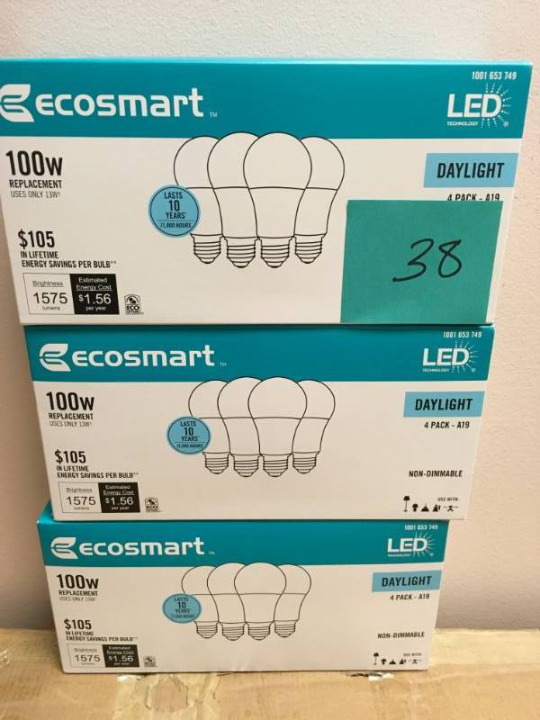 lot 38 image: EcoSmart 100-Watt Equivalent A19 Non-Dimmable LED Light Bulb Daylight (4-Pack) not used