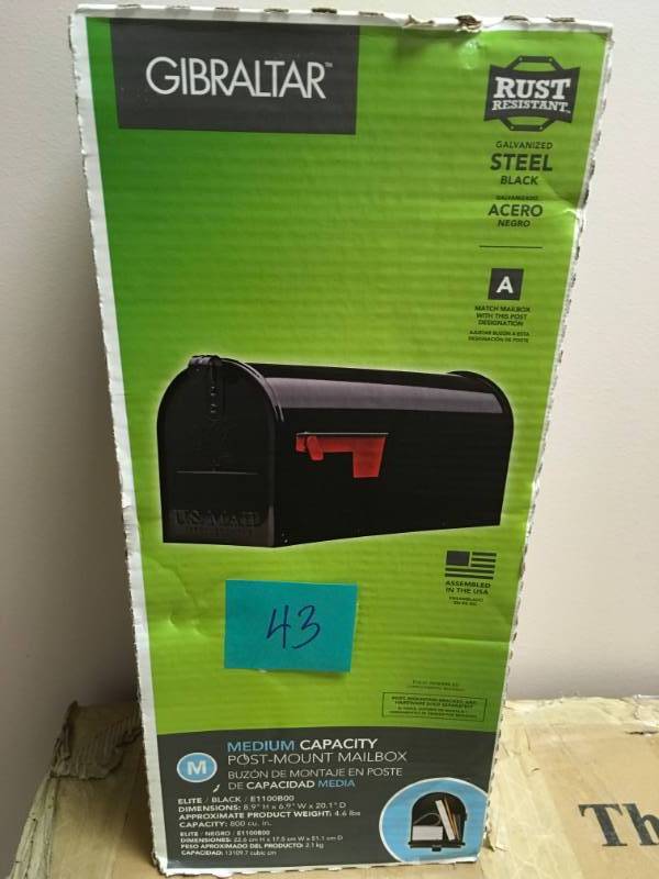 lot 43 image: Gibraltar Mailboxes Elite Medium Black Galvanized Steel Post-Mount Mailbox in good condition