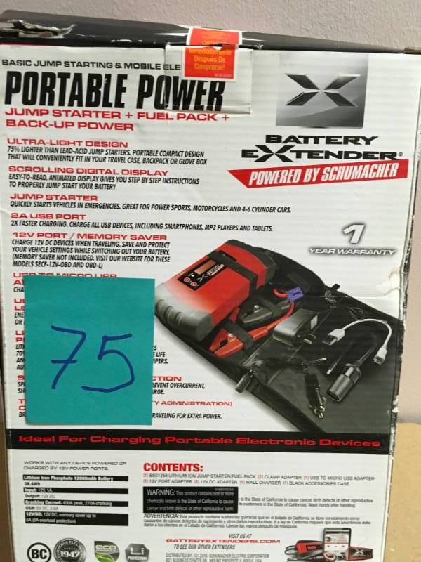 lot 75 image: Schumacher Battery Extender 12-Volt, 1,200 mAh lithium jump starter in good condition