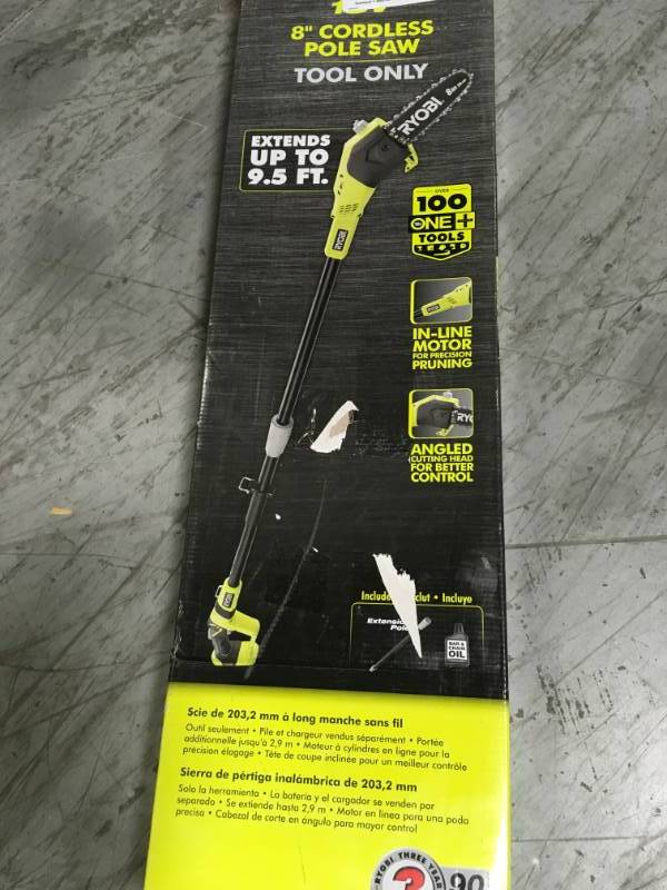 lot 99 image: RYOBI ONE 8 in. 18-Volt Lithium-Ion Cordless Pole Saw Battery and Charger Not Included in good condition