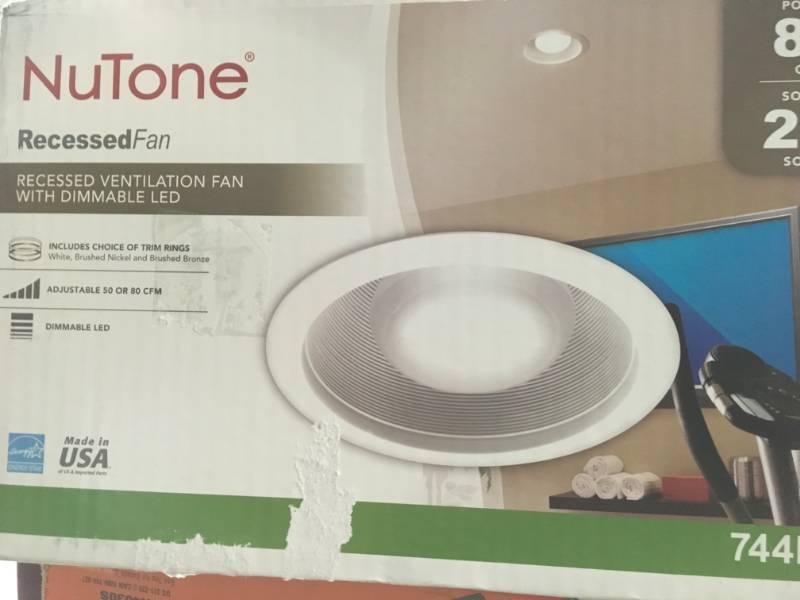 lot 101 image: NuTone White Adjustable 50-80 CFM Ceiling Bathroom Exhaust Fan with Light Easy Change Trim Kit, in good condition