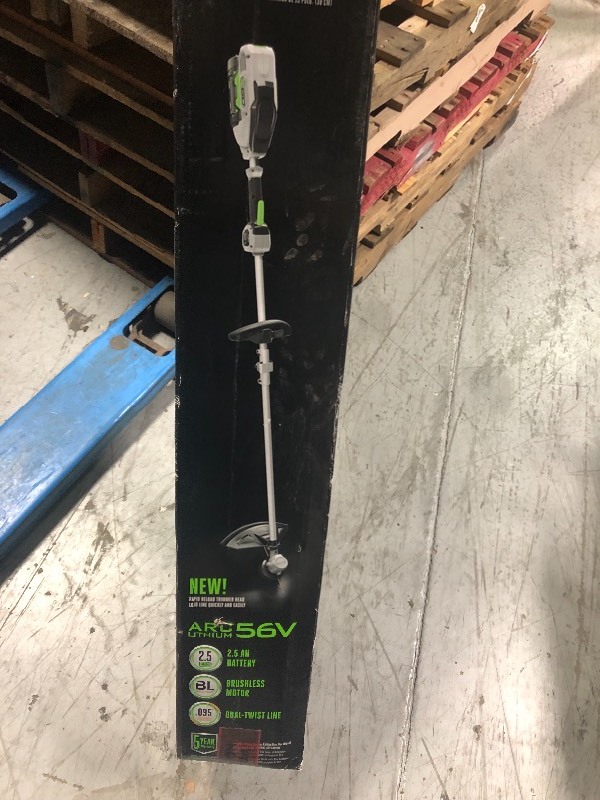lot 111 image: EGO Power 56-Volt Lith-ion Cordless Electric 15 in. Powerload String Trimmer with Carbon Fiber Shaft - Battery and Charger Not Included in working conditions